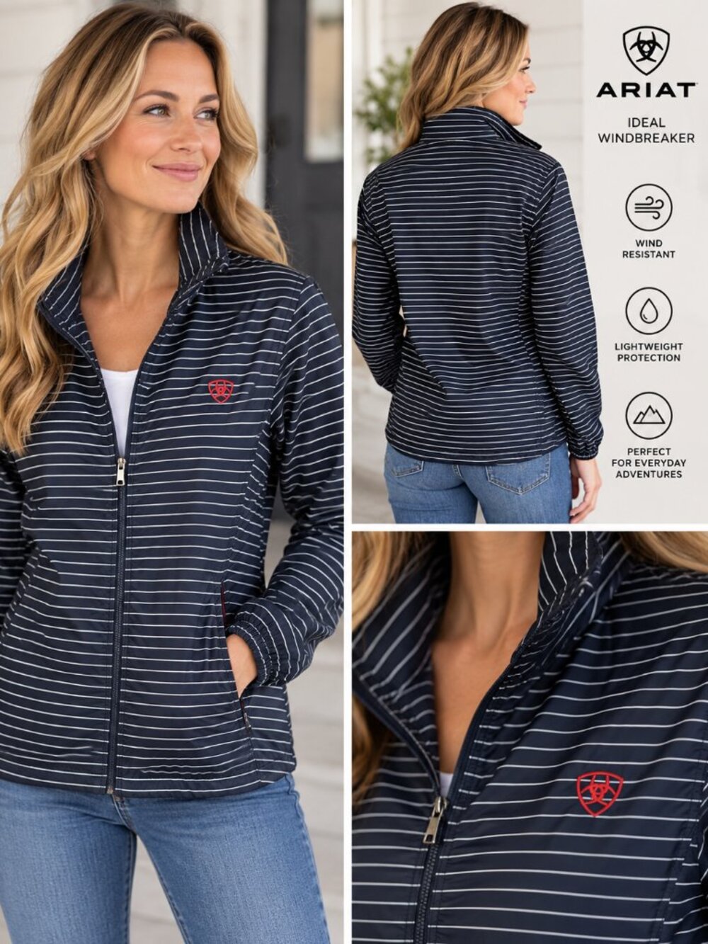 Ariat Ideal Windbreaker Jacket - Navy Stripe Medium